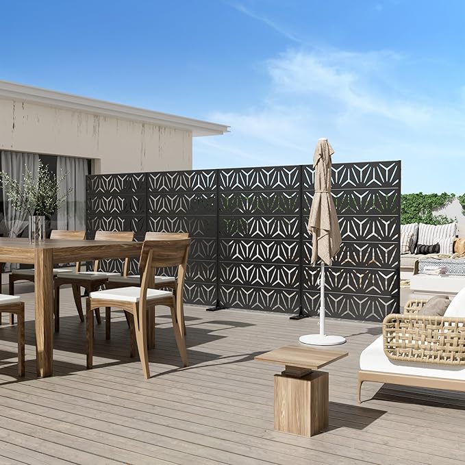 Casaphoria Metal Privacy Screen Outdoor, 72" H x 47" W Freestanding Decorative Privacy Screen for Patio Deck Balcony Garden with Stable Base, Black-Star