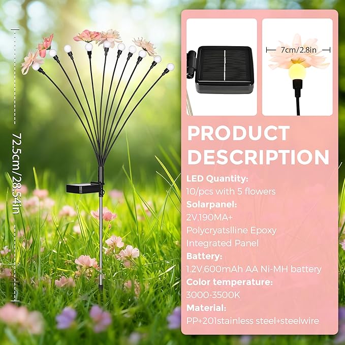 Solar Garden Lights, Warm White LED Swaying Solar Flowers Light for Outside, Waterproof Garden Decor, Outdoor Decorative Lights Yard, Patio, Pathway Decoration Gardening Gifts (4 Pack)