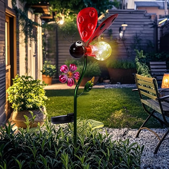 Decorative Solar Lights Outdoor Solar Ladybug Stake Lights Metal Decorative Garden Lights Outdoor Waterproof Stakes for Pathway Yard Lawn Decoration Mothers Day Mom Gifts