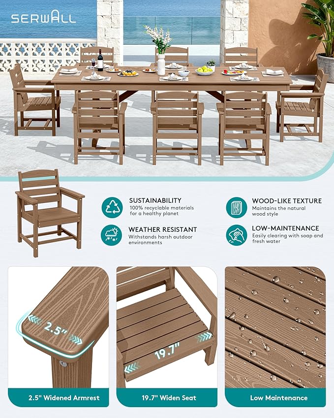 SERWALL 9 Piece Outdoor Dining Set, 84" HDPE Outdoor Table and Chairs for 8，All Weather Patio Furniture Set with Umbrella Hole for Backyard, Garden, Brown
