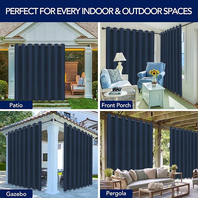 PureFit Outdoor Curtains for Patio Waterproof Weatherproof, UV Resistant Outside Curtains for Gazebo, Front Porch, Pergola, Sun Blocking Privacy Curtain, 120W x 84L inch, 1 Panel, Navy Blue