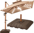 Best Choice Products 10ft Square Cantilever Patio Umbrella w/Base Included, Woodgrain Pattern Pole & Solar LED Lights, 360-Rotation, Offset Hanging Outdoor Shade - Tan