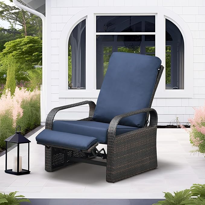 Art to Real Outdoor Wicker Recliner Chair with 5.5'' Cushions, Automatic Adjustable Patio Lounge Chairs, Aluminum Frame Reclining Chair for Lawn Backyard Porch Poolside Deck(Navy Blue)