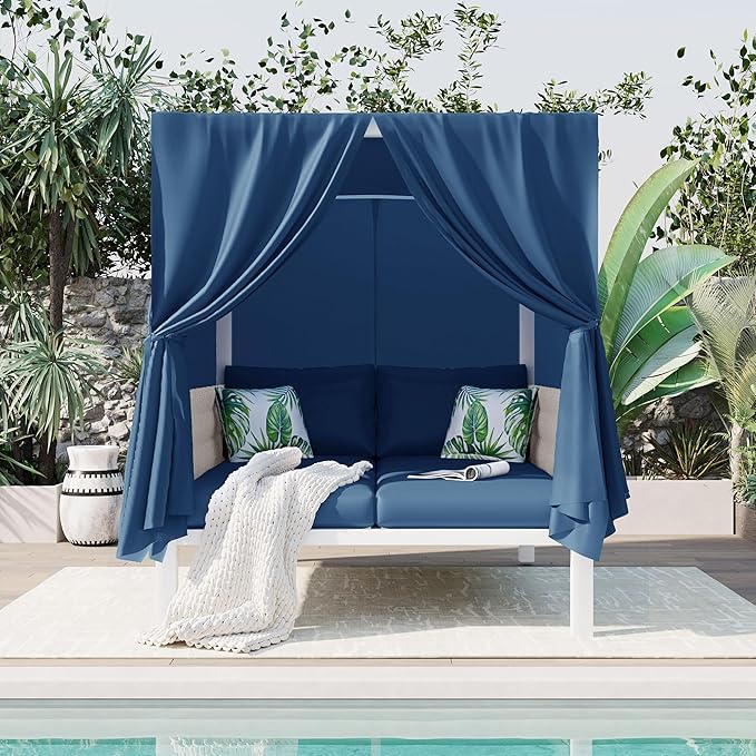 Merax Outdoor Patio Sunbed with Curtains and Soft Thick Cushions, Double Chaise Lounge Daybed with Rubber Core Rope Backrest and Comfy Pillows for Outside Pool, Garden, Backyard, Lawn, Blue