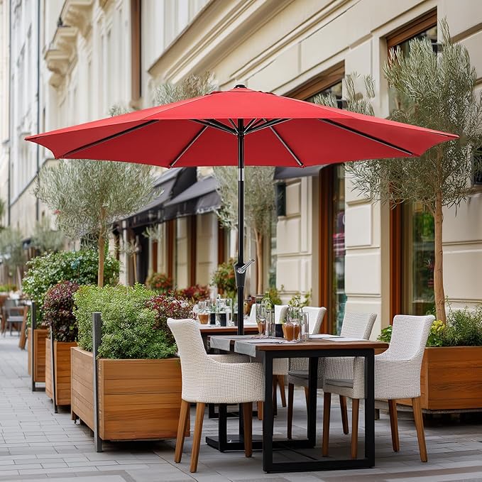 OLIXIS 9ft Patio Umbrella with Tilt and Crank Button & 8 Sturdy Ribs Waterproof, Patio Table Umbrella Perfect for Poolside, Terrace, Beach and Outdoor Restaurant, Red