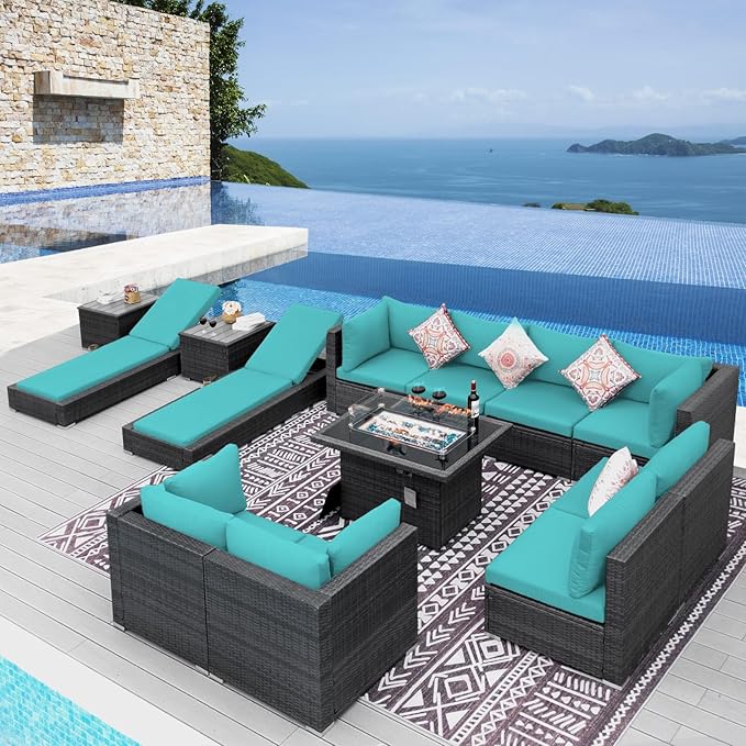 NICESOUL 13 Piece Outdoor Furniture with Fire Pit, Large Patio Couch Set with Fire Pit Table & Chaise Lounge, Modular Sectional Patio Sofa 500 lbs Heavyduty 10-Seat Group, Gray & Turquoise