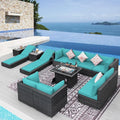 NICESOUL 13 Piece Outdoor Furniture with Fire Pit, Large Patio Couch Set with Fire Pit Table & Chaise Lounge, Modular Sectional Patio Sofa 500 lbs Heavyduty 10-Seat Group, Gray & Turquoise
