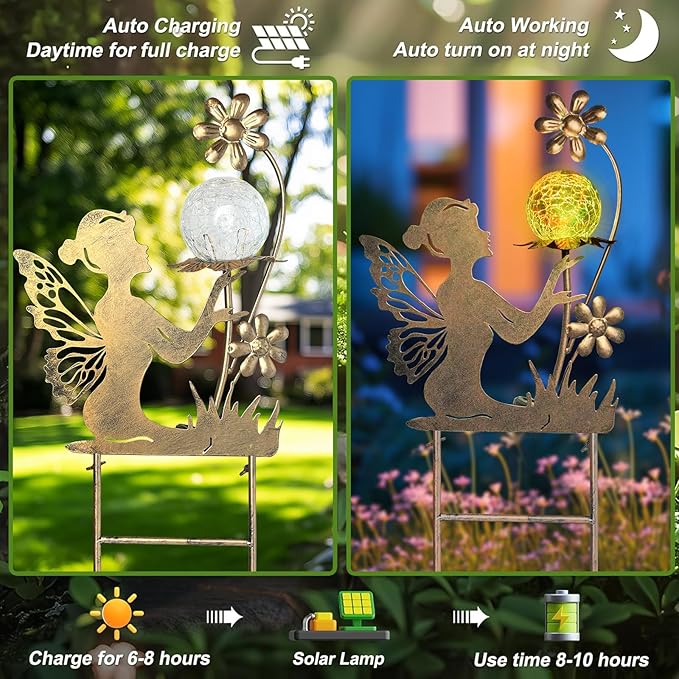 HONGLAND Solar Lights Fairy Garden Decor for Outside,Fairy Figurine Decorative Stake Housewarming Gifts for Patio Lawn Yard Pathway Outdoor Decor-Unique Valentines Day Gifts for Women Mom Grandma