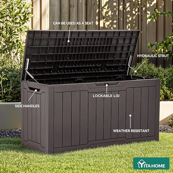 YITAHOME 100 Gallon Resin Deck Box, Weather Resistant Outdoor Storage Box, Lockable Indoor Outdoor Storage for Supplies and Essentials, Dark Brown