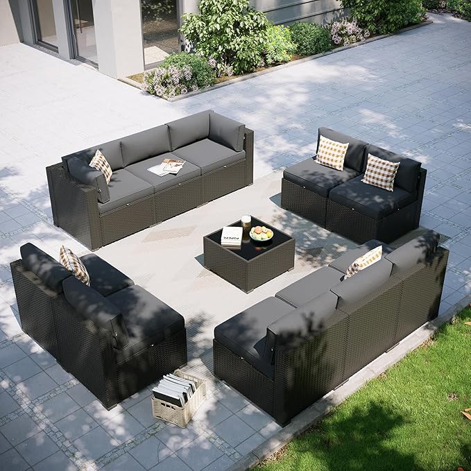Aoxun Patio Furniture Set, 11 Piece Outdoor Sectional Sofas with Waterproof Cover, 10 Seats Wicker Rattan Outdoor Furniture Patio Conversation Set for Backyard, Garden Dark Grey