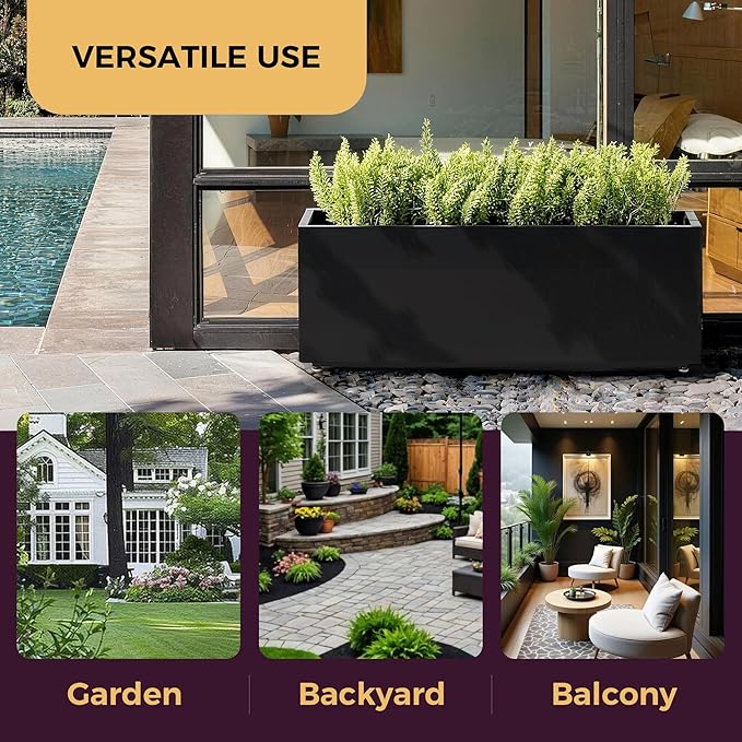 Outdoor Metal Planter Box 40Wx12Dx16H, Long Large Rectangular Trough Planters, Easy 5-Min Assembly, Modern Plant Container with Drainage Holes, Heavy Duty, Weather Resistant, Black