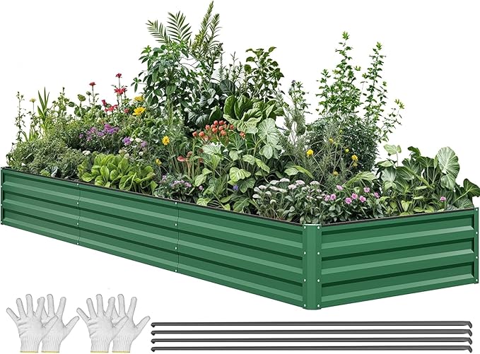 YITAHOME 144x48x12 in Galvanized Raised Garden Bed Kit, Large Metal Planter Box with Gloves, Safety Rubber & Support Rod, Outdoor Flower Bed for Plants Vegetables, Green