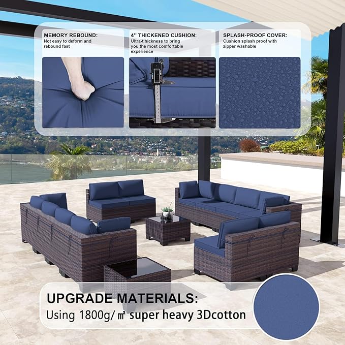 Kullavik 14 Pieces Outdoor Patio Furniture Set PE Wicker Rattan Sectional Sofa Patio Conversation Sets,Navy Blue