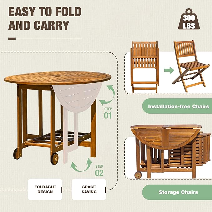 Devoko 5 PCS Patio Furniture, Patio Dining Set Acacia Wood Outdoor Table and Chairs, with 4 Folding Chairs and 37" Round Movable Table, Outdoor Dining Set for Lawn, Balcony, Garden (Light Brown)