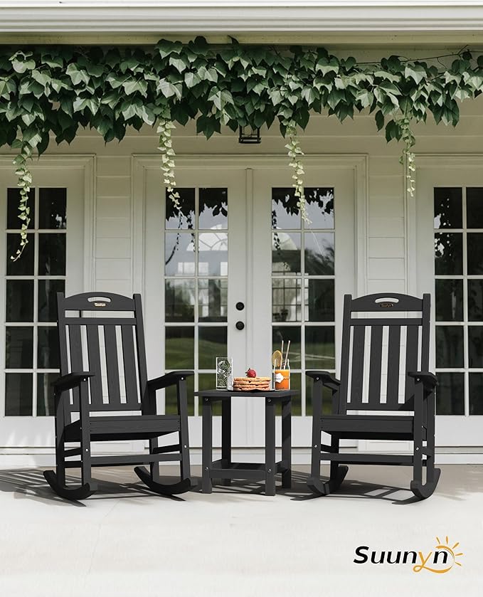 Oversized Outdoor Rocking Chair, High Back Porch Rocker Chair, HDPE All Weather Resistant Rocking Chairs for Patio, 380lbs Weight Capacity, Black