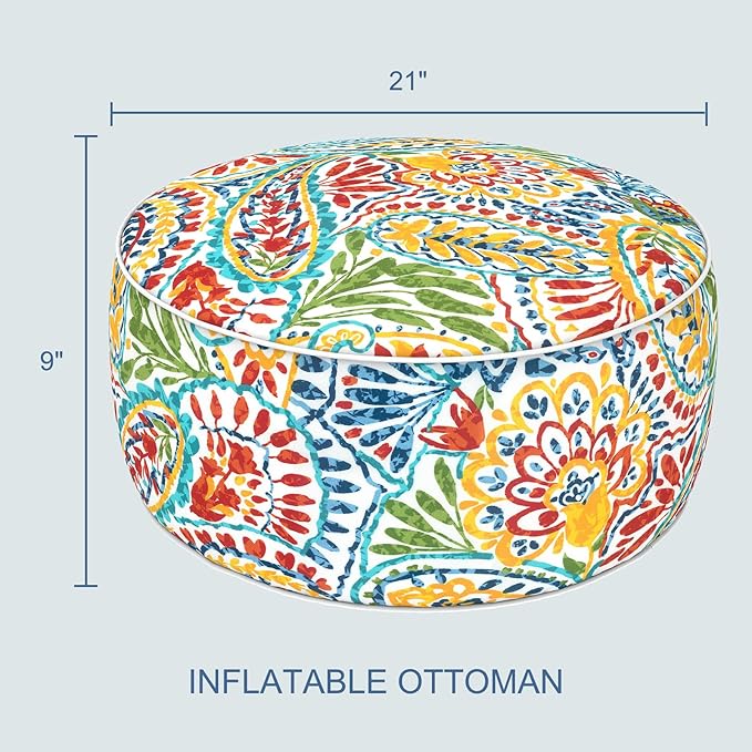 LVTXIII Indoor/Outdoor Inflatable Ottoman with Handle D21 x H9 Inch, Weather-Resistant Round Footstool Pouf for Patio Camping Living Room, Portable Footrest Extra Seating, Paisley Ummi Multi