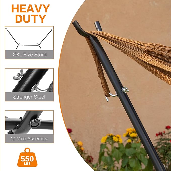 PNAEUT Double Hammocks with Stand for Outside, Portable Space Saving Heavy-Duty Steel Stand for Indoor Outdoor Patio (Mayan Desert)