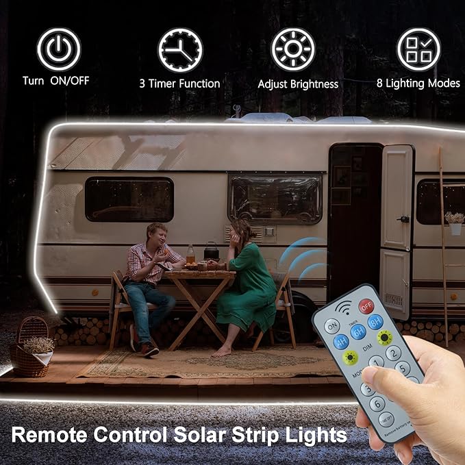 DBFAIRY 50Ft Solar LED Strip Lights Outdoor, Large Capacity Solar Powered Flexible Tape Lights with Remote Dimmable 8 Lighting Modes for Patio Pool Camping Decor, 6000K Cool White