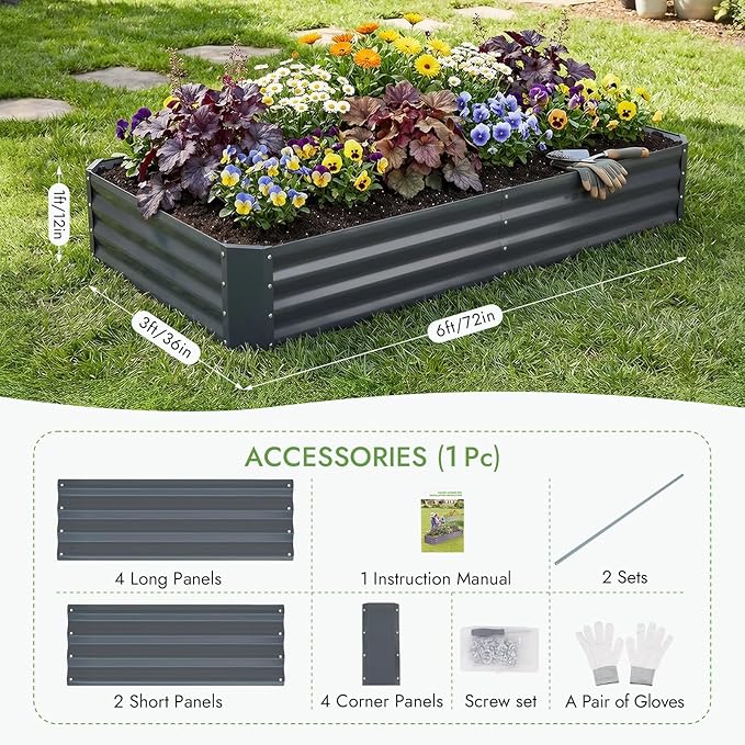 INNO STAGE Galvanized Raised Garden Bed Kit, 6x3x1FT Metal Raised Garden Beds for Vegetables, Rust-Resistant & Easy Assembly, Outdoor Raised Beds for Gardening, Flowers, Herbs (Grey)