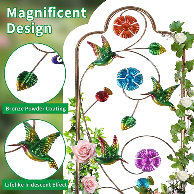 2 Pack Metal Garden Trellis Arched Fence Trellises for Climbing Plants Outdoor, Roses, Vines, Flowers, and Vegetables Support, 60'' H x 12'' W, Hummingbird