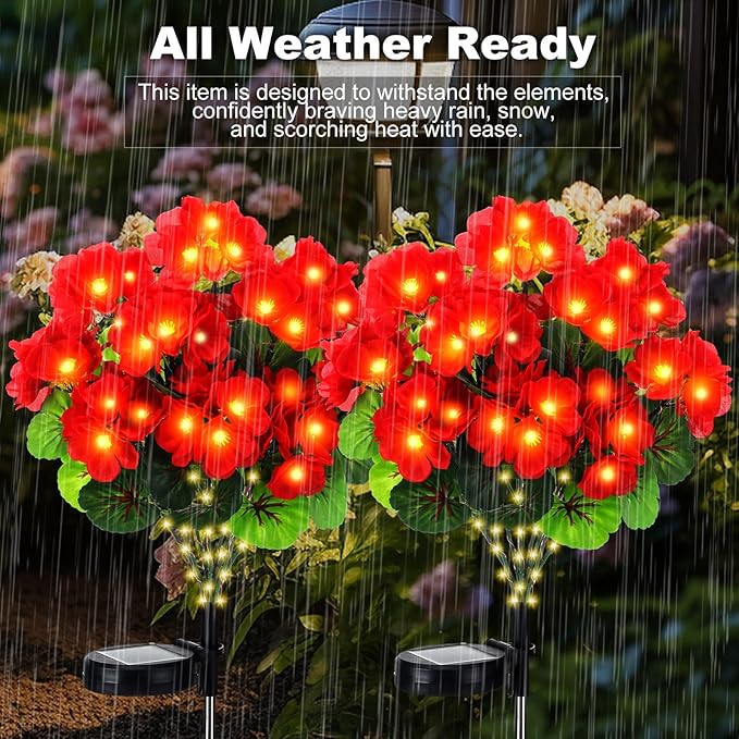 2 Pcs Solar Geraniums Lights Outdoor Waterproof for Garden Spring Decor Light with 10 Solar Geraniums Light for Outside Stake Decorative Auto On/Off for Garden Yard Backyard Patio