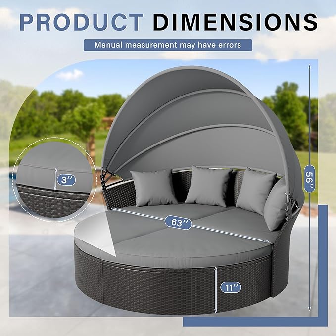 Crownland Outdoor Round Daybed with Retractable Canopy, Patio Daybed with Washable Cushions, Clamshell Sectional Seating, Black Wicker Furniture for Garden, Patio, Pool (Grey,Gray)