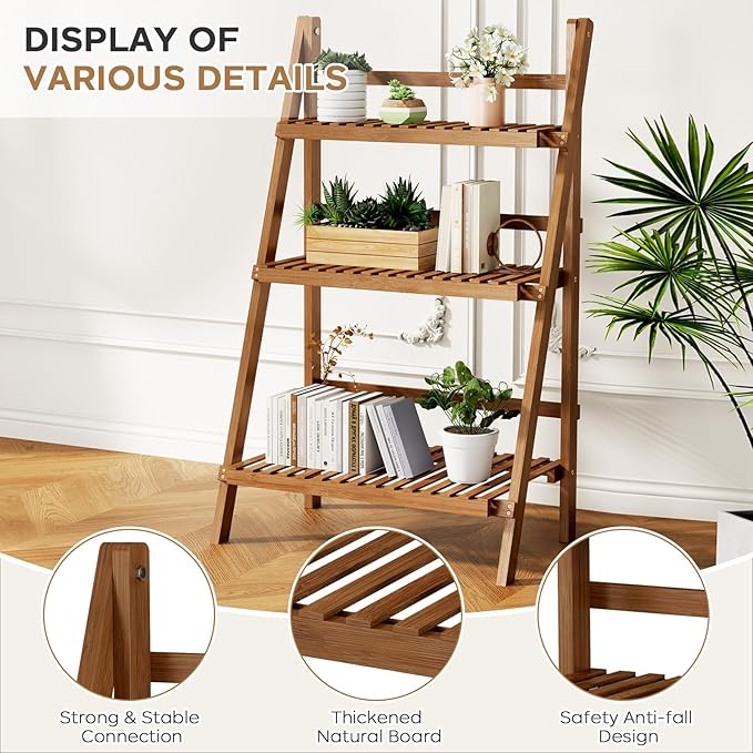 39.4" Bamboo Ladder Shelf Plant Shelf, 3 Tier Foldable Ladder Flower Pot Display Shelf Rack, 23.6"W x 15"D x 39.4"H, Freestanding Bookshelf for Garden, Balcony, Yard, Patio, Lawn, Living Room, Walnut