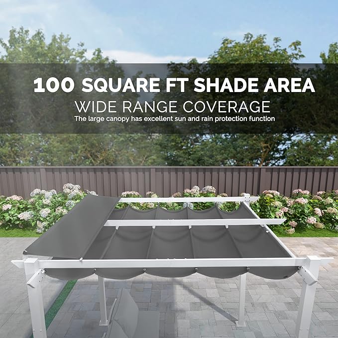 PURPLE LEAF 10' x 10' Outdoor Aluminum Pergola White Heavy-Duty Retractable Pergola Patio Metal with Double Sun Shade Canopy for Backyard Gardens Deck, Grey