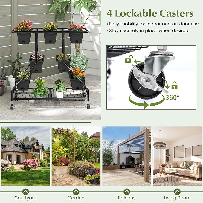 Giantex Rolling Raised Garden Bed w/ 7 Planter Boxes, Storage Baskets, Drainage Holes, 4 Lockable Casters, 3-Tier Freestanding Elevated Planter for Strawberry Vegetable Flower Herb