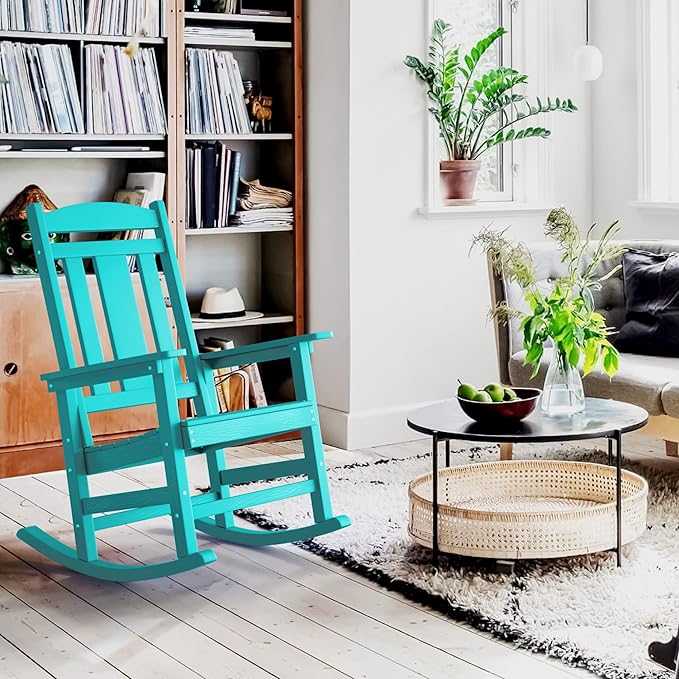 LUE BONA Rocking Chair Outdoor, Weather Resistant HDPS Plastic Rocker Chairs, 350lb Heavy Duty, Oversized Porch Rocker for Adult, High Back Smooth Rocking Chairs for Outdoor & Indoor, Aruba Blue