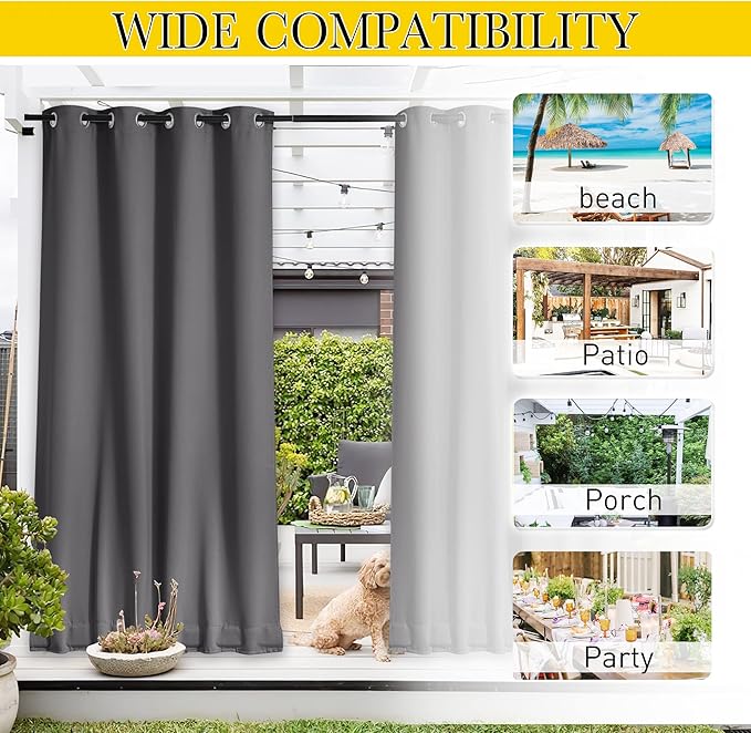 NICETOWN 2 Panels Blackout Weighted Outdoor Curtains for Patio Waterproof, Grommet & Back Tab on Top & Bottom Keep Privacy Light & Sound Block for Porch with Bonus Rope for Fixed, Grey, W52 x L72