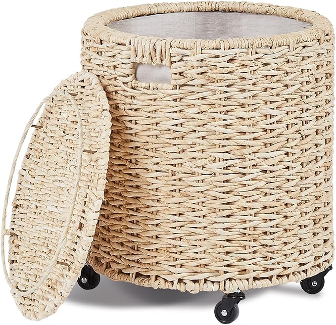 Wimarsbon Round Pouf Ottomans, Handwoven Natural Water Hyacinth Seagrass Pouffe,Outdoor Rattan Stool Accent Seat, Bohemian Coastal Home Decor (Storage Ottoman - Corn Husk)