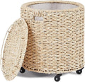 Wimarsbon Round Pouf Ottomans, Handwoven Natural Water Hyacinth Seagrass Pouffe,Outdoor Rattan Stool Accent Seat, Bohemian Coastal Home Decor (Storage Ottoman - Corn Husk)