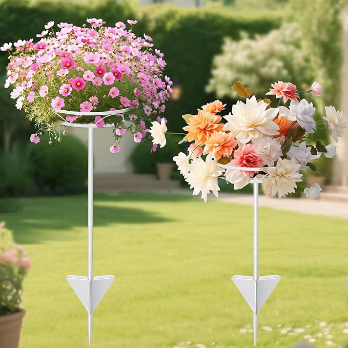 Tellingyou 2 Pack Adjustable Outdoor Flower Pot Stand, Metal Outdoor Plant Stands, Spring Summer Versatile Plant Stand Garden Stake for Display Plants, Elegant Solution for Landscaping Decor (White)