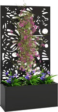 Outsunny Metal Raised Garden Bed with Trellis for Climbing Plants, Freestanding or Wall Mounted Flower Bed with Privacy Panel, Butterfly Cut-Out Outdoor Planter Box for Garden, Patio, Balcony