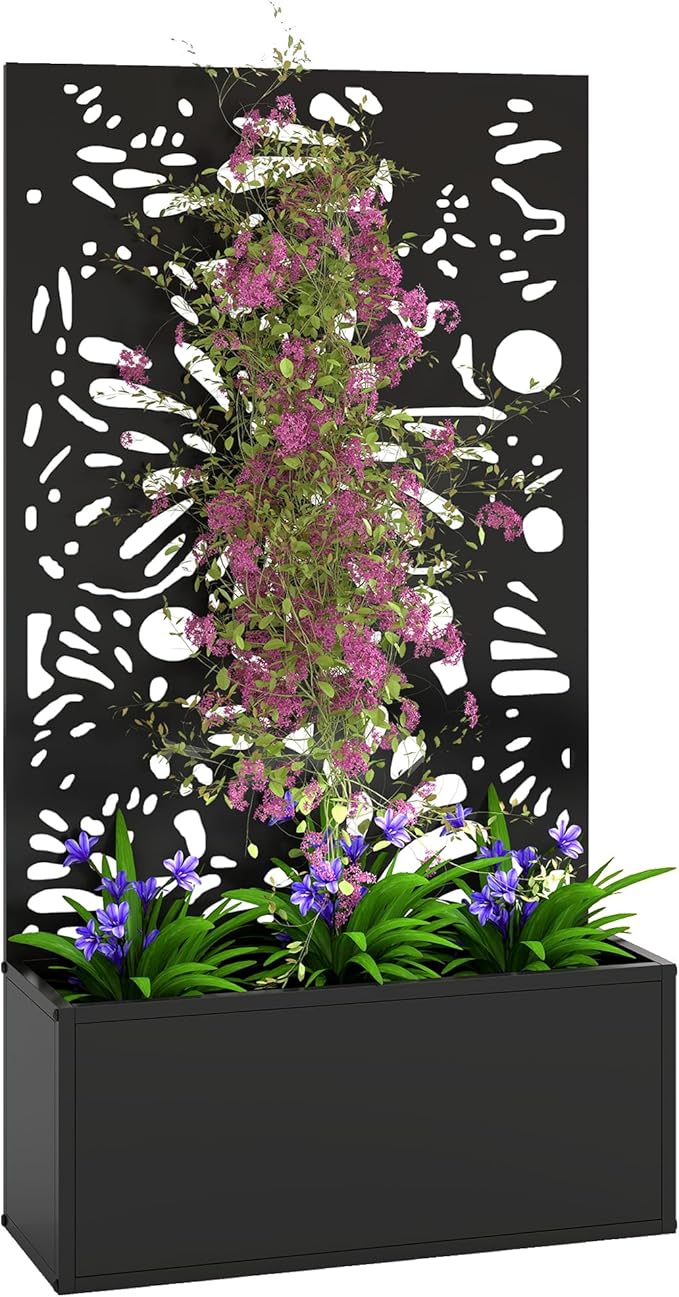 Outsunny Metal Raised Garden Bed with Trellis for Climbing Plants, Freestanding or Wall Mounted Flower Bed with Privacy Panel, Butterfly Cut-Out Outdoor Planter Box for Garden, Patio, Balcony