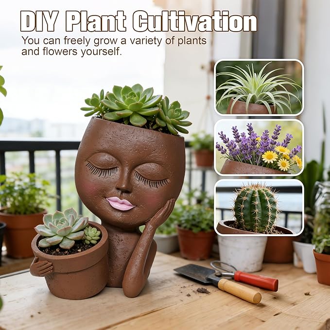Face Double Plant Pot - Cute Succulent Head Planters Indoor Outdoor Decor, Resin Flower Pots with Drainage Hole, Unique Ideal Present, Gifts for Women/Mother