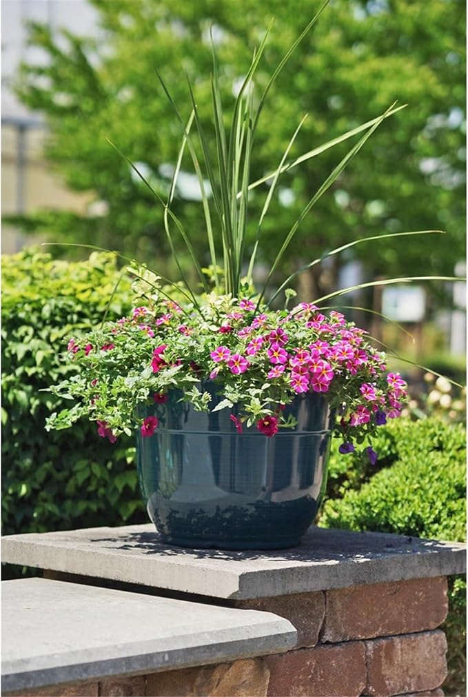 Garden Elements Indoor/Outdoor Glazed Brushed Happy Plastic Planter, Large, Dark Teal, 15"