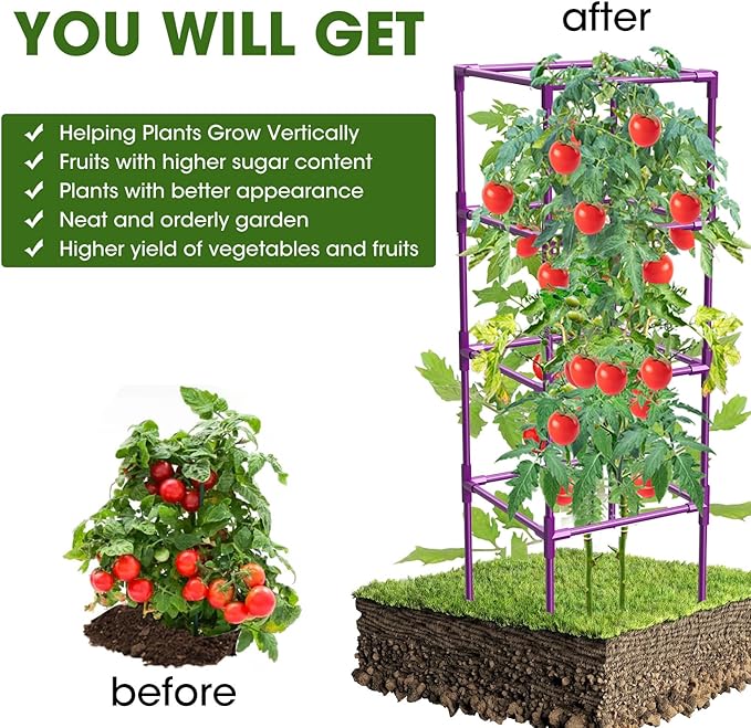 3 Pack Tomato Cages, Square Tomato Plant Stakes Support Cages Trellis for Garden Climbing Vegetables Flowers Fruits,Extra Bold,Purple