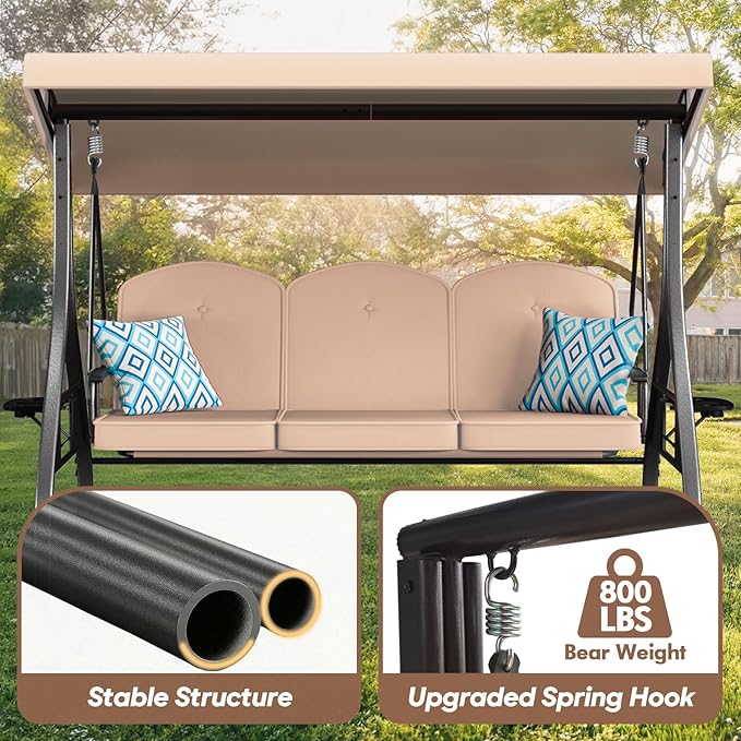3 Seat Outdoor Porch Patio Swing with Stand 800lbs 2-in-1 Convertible Swing Bed with Adjustable Canopy & Removable Cushion for Yard Garden Deck (Khaki, Square Tube)