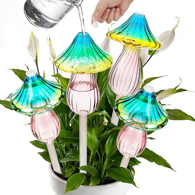 4 Pcs Plant Watering Globes Self Watering Planter Insert Glass Water Bulbs for Indoor and Outdoor Plants Mushroom Plant Watering Devices for Travel Vacation
