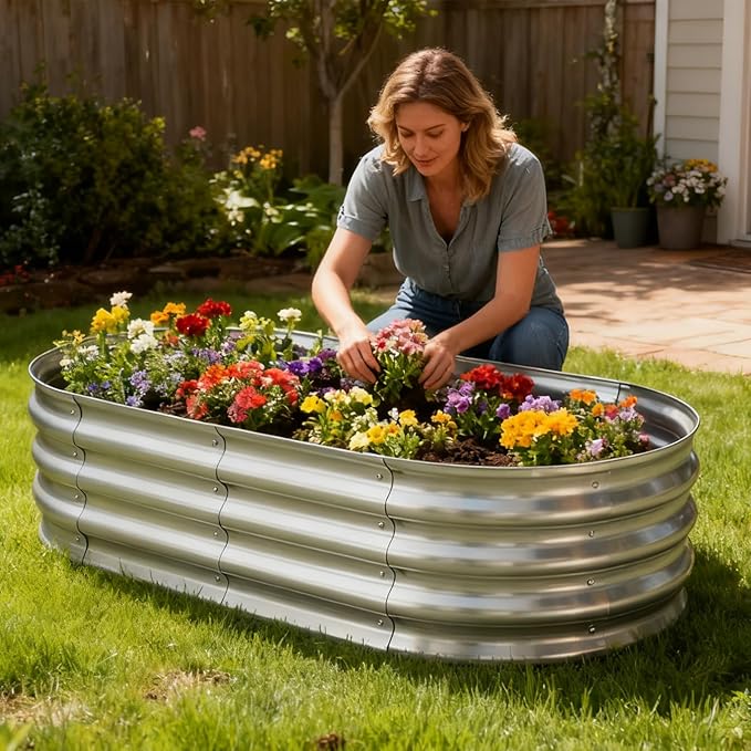 TATAANTY Galvanized Raised Garden Bed for Outdoor: 4x2x1ft Durable Metal Vegetable Plant Container Kit - Oval Planter Box for Gardening Flower Trough （2 Pack）