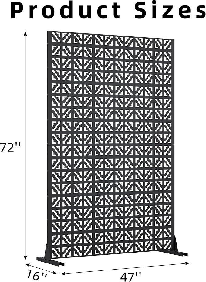 Casaphoria Metal Privacy Screen Outdoor, 72" H x 47" W Freestanding Decorative Privacy Screen for Patio Deck Balcony Garden with Stable Base, Black Charles