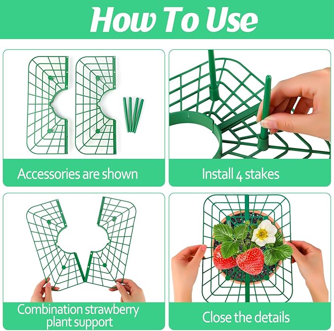 6 Sets Strawberry Plant Support with Mesh Cover - Square Gardening Frame, Animal Barrier, Iron Stakes & Storage Bag for Healthy Strawberries, Tomatoes, Veggies (Green) (6 pcs)