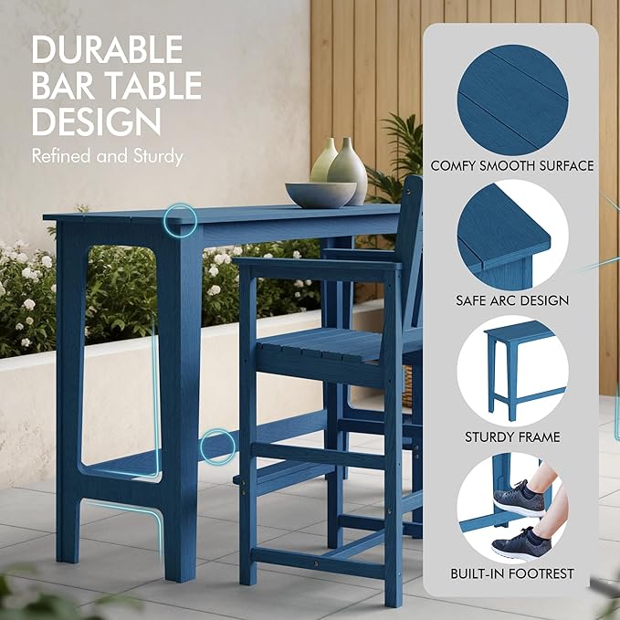 Ciokea Outdoor Bar Height Table Set of 5, 60" Extra Long Rectangle High Top Table and 4 Oversized Adirondack Chairs Set, Heavy-Duty All-Weather HDPE Patio Bar Set for Backyard Balcony Deck, Navy Blue