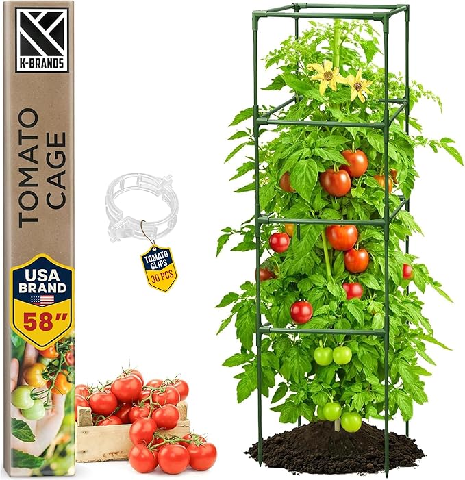 Tomato Cage Square - Large Trellis Stakes and Plant Support Structures for Vegetables and Climbing Plants - Tall Tomato Cages for Garden, Pots, Raised Garden Bed Outdoor Supplies (1 Pack - Up to 58")