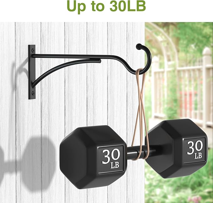 8 Inch 2 Pack Heavy Duty Plant Hangers Outdoor, Metal Plant Brackets for Hanging Baskets, Plant Wall Hooks for Bird Feeders, Wind Chimes & Lanterns, Premium Metal Hooks Matte Black, 30lbs Capacity