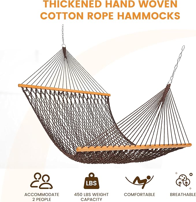Lazy Daze Hammocks Double Rope Hammock, 2 Person Traditional Outdoor Hand Woven Cotton Rope Hammock with Spreader Bar, Carabiners, Tree Straps, Chains for Patio Yard - Max 450 Lbs, Dark Brown