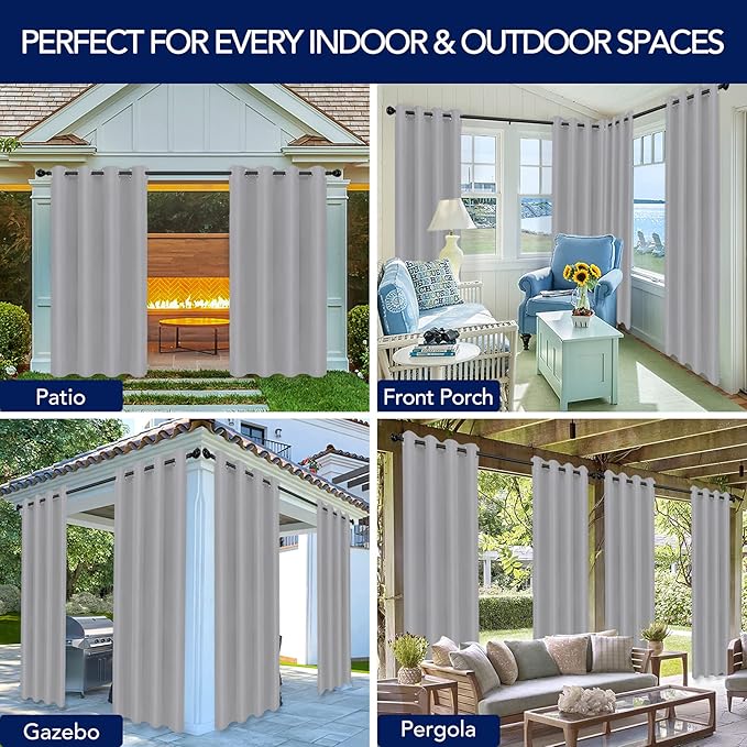 PureFit Outdoor Curtains for Patio Waterproof Weatherproof, UV Resistant Outside Curtains for Gazebo, Front Porch, Pergola, Sun Blocking Privacy Curtain, 52W x 120L inch, 1 Panel, Light Gray
