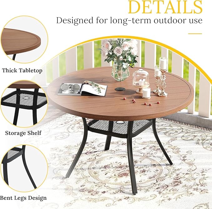 VICLLAX Patio Dining Set for 6, All Weather Metal Outdoor Furniture Set- 47" Round Patio Table and Chairs, Walnut Tabletop and Brown Fabric